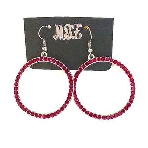NWT WOMEN'S ROUND DANGLE  EARRINGS SILVER/RED STONES FOR PIERCED EARS